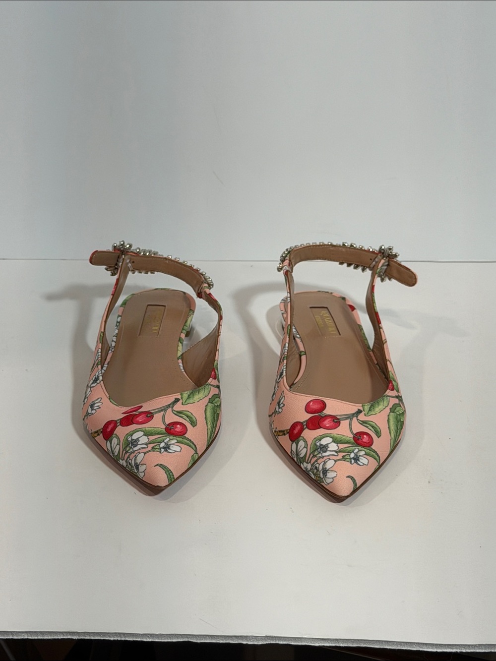 Aquazzura Vero Cuoio Cherry Print Crystal Slingback Ballerina Flats - Picture 4 of 6